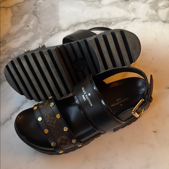 Louis Vuitton Black Sandals with Gold Accents - Picture 7 of 7